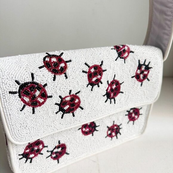 Beaded Lady Bug Lucky White Red Large Baguette Bag - Picture 9 of 14